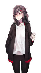 Rule 34 | 1girl, absurdres, alternate costume, black jacket, black pantyhose, blush, brown eyes, brown hair, casual, cellphone, collarbone, commentary, cowboy shot, drawstring, hair ornament, hair over shoulder, hairclip, hand in pocket, highres, holding, holding phone, hood, hood down, hooded jacket, jacket, kagerou project, looking to the side, mekakucity actors, multicolored clothes, multicolored jacket, no scarf, open clothes, open jacket, open mouth, pantyhose, phone, rax (pixiv 47057609), red jacket, shirt, simple background, solo, swept bangs, t-shirt, tateyama ayano, teeth, two-tone jacket, upper teeth only, white background, white shirt