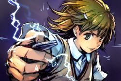 Rule 34 | 1girl, blonde hair, brown vest, closed mouth, coin, collared shirt, commentary request, electricity, electrokinesis, foreshortening, green eyes, hair ornament, hairclip, holding, holding coin, hungry clicker, looking at viewer, misaka mikoto, school uniform, shirt, smile, smug, solo, sparks, toaru kagaku no railgun, toaru majutsu no index, upper body, vest, white shirt, wing collar