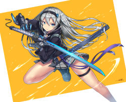 Rule 34 | 1girl, blue eyes, gia, hairband, holding, holding sword, holding weapon, katana, long hair, original, pleated skirt, scabbard, science fiction, sheath, silver hair, simple background, skirt, solo, sword, weapon