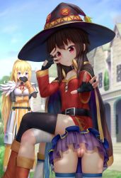 Rule 34 | 3girls, aki99, aqua (konosuba), ass, belt, belt collar, blonde hair, blue hair, blurry, blush, boots, breasts, breasts out, brown hair, cape, cleft of venus, clothes lift, collar, covering own mouth, crossed legs, darkness (konosuba), depth of field, fat mons, femdom, hand over own mouth, hat, highres, human chair, human furniture, kono subarashii sekai ni shukufuku wo!, megumin, multiple girls, nipples, no panties, outdoors, outstretched arm, ponytail, pussy, short hair, short hair with long locks, sitting, sitting on person, skirt, skirt lift, small breasts, smile, thighhighs, uncensored, witch hat, yuri