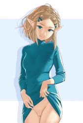 Rule 34 | 1girl, blonde hair, blue eyes, bottomless, braid, breasts, clothes lift, flashing, highres, no panties, pointy ears, pomelomelon, princess zelda, pussy, shirt lift, short hair, small breasts, smile, solo, the legend of zelda, the legend of zelda: breath of the wild, the legend of zelda: tears of the kingdom