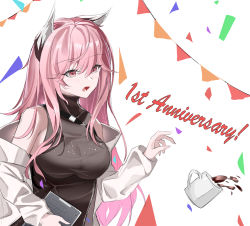 Rule 34 | 1girl, absurdres, animal ear fluff, animal ears, anniversary, black shirt, blush, breasts, coffee cup, confetti, cup, disposable cup, girls&#039; frontline, girls&#039; frontline neural cloud, highres, holding, holding paper, large breasts, long hair, looking away, one smoke, open clothes, open mouth, open robe, paper, persicaria (neural cloud), pink eyes, pink hair, robe, shirt, solo, turtleneck, upper body, white background, white robe