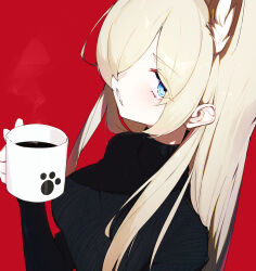 Rule 34 | 1girl, alternate costume, animal ear fluff, animal ears, black sweater, blonde hair, blue archive, blue eyes, breasts, clenched teeth, coffee, cup, extra ears, hair over one eye, highres, holding, holding cup, kanna (blue archive), karasuri, large breasts, long hair, long sleeves, looking at viewer, red background, sharp teeth, simple background, solo, sweater, teeth, turtleneck, turtleneck sweater, upper body