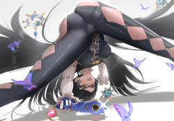 Rule 34 | 1girl, ass, bayonetta, bayonetta (series), bayonetta 2, bent over, black bodysuit, black hair, bodysuit, breasts, bug, butterfly, clothing cutout, earrings, elbow gloves, flexible, frilled shirt collar, frills, glasses, gloves, gonzarez, gun, handgun, highres, holding, holding gun, holding weapon, incoming attack, insect, jack-o&#039; challenge, jewelry, large breasts, legs apart, lips, lipstick, makeup, meme, mole, mole under mouth, parted lips, pistol, sega, shadow, short hair, smile, solo, sparkle, taut clothes, tight clothes, top-down bottom-up, view between legs, weapon