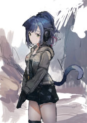 Rule 34 | 1girl, animal ears, arknights, black shirt, black shorts, blue hair, cat ears, cat girl, cat tail, cowboy shot, green eyes, grey jacket, gun, handgun, headset, highres, holding, holding gun, holding weapon, implied extra ears, jacket, jessica (arknights), knee pads, long hair, long sleeves, looking at viewer, mamera1129, multicolored hair, open clothes, open jacket, pink hair, ponytail, shirt, shorts, single knee pad, sketch, solo, streaked hair, sweatdrop, tail, weapon