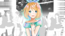 Rule 34 | 1girl, :d, bare shoulders, blonde hair, blue bow, blue eyes, blue hairband, bow, bow hairband, collarbone, dress, hair between eyes, hair bow, hairband, highres, kagamine rin, looking at viewer, off-shoulder dress, off shoulder, open mouth, ponta (poqpon), short hair, smile, solo focus, swept bangs, upper body, vocaloid, white dress