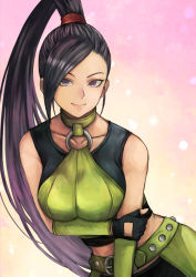 Rule 34 | 1girl, arm warmers, bad id, bad pixiv id, black gloves, breasts, choker, dragon quest, dragon quest xi, facing viewer, fingerless gloves, gloves, green choker, leaning forward, long hair, looking at viewer, martina (dq11), medium breasts, midriff, ponytail, purple eyes, smile, solo, usui natrium
