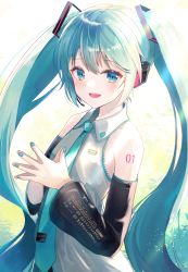 Rule 34 | 1girl, :d, azuazu 0405, bare shoulders, blouse, blue eyes, blue hair, blue nails, blue necktie, blush, collared shirt, commentary request, day, detached sleeves, fingernails, grey shirt, hatsune miku, headset, highres, long hair, long sleeves, looking at viewer, nail polish, necktie, open mouth, outdoors, own hands together, shirt, shoulder tattoo, sleeveless, sleeveless shirt, smile, solo, sunlight, tattoo, twintails, upper body, very long hair, vocaloid