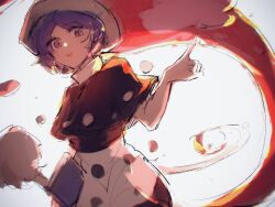 Rule 34 | 1girl, black capelet, capelet, chinese commentary, commentary request, doremy sweet, dress, film grain, hand up, hat, highres, open mouth, purple eyes, purple hair, red hat, short hair, simple background, sketch, solo, touhou, white background, white dress, yitaidejiegou