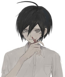Rule 34 | 1boy, ahoge, black eyes, black hair, blood, blood on face, collared shirt, commentary request, danganronpa (series), danganronpa v3: killing harmony, dress shirt, grey background, grin, hair between eyes, hand up, iumi urura, looking at viewer, male focus, saihara shuichi, shirt, short hair, simple background, smile, solo, upper body