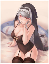 Rule 34 | 1girl, absurdres, arknights, arm support, bare arms, bare shoulders, beige background, black nails, black thighhighs, breasts, cleavage, commentary request, cowboy shot, garter straps, grin, habit, hand up, highres, ikea shark, large breasts, lingerie, long hair, looking at viewer, nail polish, red eyes, silver hair, sitting, smile, solo, spaghetti strap, specter (arknights), stuffed animal, stuffed shark, stuffed toy, teddy (lingerie), thighhighs, thighs, underwear, very long hair, yinghuahua
