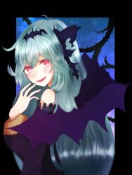 Rule 34 | 1girl, black border, black hairband, blue hair, blush, border, chaos aurora (grimms notes), detached sleeves, eb7baorace7gdp0, grimms notes, hairband, hand on own chin, long hair, looking back, night, open mouth, red eyes, sky, smile, star (sky), starry sky, thorns, upper body
