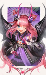 Rule 34 | 1girl, ;d, absurdres, black wings, dress, elizabeth bathory (fate), elizabeth bathory (japan) (fate), fang, fate/grand order, fate (series), floating hair, highres, horns, layered dress, long hair, long sleeves, looking at viewer, official alternate costume, one eye closed, open mouth, parayang, pink hair, purple dress, sleeveless, sleeveless dress, smile, solo, standing, two side up, v, very long hair, wings