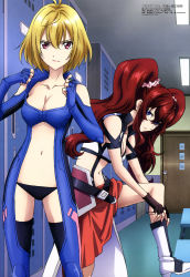 Rule 34 | 10s, 2girls, absurdres, angelise ikaruga misurugi, blonde hair, blue eyes, boots, breasts, cleavage, cross ange, fingerless gloves, gloves, highres, hilda (cross ange), long hair, megami magazine, multiple girls, navel, non-web source, official art, red eyes, red hair, sawada mika, short hair, sunrise (company), twintails