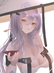 Rule 34 | 1girl, :d, armor, bare shoulders, blush, bodysuit, breasts, clothing cutout, collarbone, cup, goddess of victory: nikke, grey hair, hair between eyes, hair ornament, hair stick, hamuhanama, hat, highres, holding, holding cup, japanese armor, jingasa, kote, large breasts, large hat, leotard, long hair, looking at viewer, open mouth, scarlet (nikke), shoulder armor, smile, sode, solo, upper body, white bodysuit, white leotard, yellow eyes