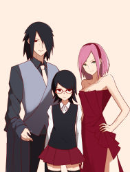 Rule 34 | 1boy, 2girls, bare shoulders, black hair, breasts, cleavage, dress, dress shirt, facial mark, family, father and daughter, forehead mark, formal, glasses, green eyes, hair over one eye, hairband, hand on own hip, haruno sakura, husband and wife, looking at viewer, mother and daughter, multiple girls, naruto, naruto (series), necktie, pink hair, red-framed eyewear, red dress, red eyes, red skirt, sharingan, shirt, skirt, small breasts, smile, strapless, strapless dress, thighhighs, uchiha sarada, uchiha sasuke, vic (vedream), waistcoat, zettai ryouiki