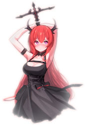 Rule 34 | 1girl, absurdres, arknights, arm strap, arms up, beudelb, black bow, black collar, black dress, bow, breasts, cleavage, collar, cowboy shot, demon horns, detached collar, dress, dress bow, highres, horns, infection monitor (arknights), large breasts, long hair, purple eyes, red hair, sleeveless, sleeveless dress, slit pupils, solo, surtr (arknights), sword, sword behind back, very long hair, weapon