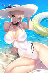 Rule 34 | 1girl, adjusting clothes, adjusting headwear, arm support, arm up, armpits, ban! (bansankan), bare arms, bare legs, bare shoulders, barefoot, black neckwear, blonde hair, blue eyes, blue hat, blunt bangs, breasts, casual one-piece swimsuit, cleavage, collarbone, covered navel, halterneck, hand on headwear, hat, innertube, large breasts, leaning to the side, looking at viewer, looking up, lowres, ocean, one-piece swimsuit, shade, short hair, sitting, skin tight, solo, sun hat, sunlight, swim ring, swimsuit, tsurime, water, white hat, white one-piece swimsuit, yokozuwari