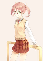 Rule 34 | 1girl, glasses, green eyes, guard rail, hair ribbon, looking at viewer, original, parsley-f, pink hair, plaid, plaid skirt, pleated skirt, red-framed eyewear, ribbon, school uniform, short hair, short twintails, simple background, skirt, smile, solo, sweater vest, twintails
