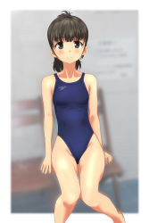 Rule 34 | 1girl, absurdres, black hair, blue one-piece swimsuit, blurry, blurry background, brown eyes, competition swimsuit, feet out of frame, flat chest, highleg, highleg swimsuit, highres, long hair, looking at viewer, one-piece swimsuit, original, sitting, solo, speedo (company), swimsuit, takafumi