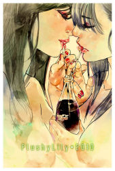 Rule 34 | 10s, 2010, 2girls, artist name, black hair, bottle, closed eyes, coca-cola, drinking, eyeshadow, face, lips, makeup, multiple girls, nail polish, nude, original, plushylily, product placement, profile, realistic, red nails, short hair, yuri