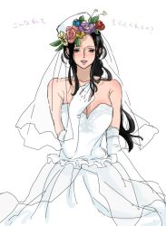 Rule 34 | 1girl, black hair, blue eyes, blush, chikichiki (robitema), dress, flower, flower wreath, gloves, nico robin, one piece, solo, wedding dress, white dress