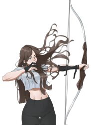 Rule 34 | 1girl, aiming, arrow (projectile), black gloves, black pants, bow (weapon), breasts, brown hair, commentary, cowboy shot, crop top, english commentary, firing, floating hair, gloves, green eyes, highres, holding, holding bow (weapon), holding weapon, leggings, long hair, medium breasts, midriff, navel, one eye closed, original, pants, partially fingerless gloves, shirt, simple background, single glove, solo, tbocart, thigh gap, tight clothes, tight pants, weapon, white background, white shirt