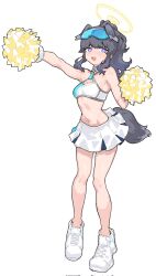 1girl :d animal_ears bare_arms bare_shoulders black_hair blue_archive blue_eyes blush breasts cheerleader detached_collar dog_ears dog_girl dog_tail eyewear_on_head fugota6509 full_body goggles goggles_on_head halo hibiki_(blue_archive) hibiki_(cheer_squad)_(blue_archive) highres holding holding_pom_poms long_hair looking_at_viewer midriff millennium_cheerleader_outfit_(blue_archive) miniskirt navel official_alternate_costume open_mouth pom_pom_(cheerleading) pom_poms shoes simple_background skirt smile sneakers solo sports_bra standing star_sticker sticker_on_face stomach tail white_background white_skirt