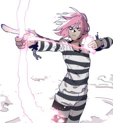 Rule 34 | 1girl, aiming, archery, arrow (projectile), black pants, black shirt, bow (weapon), broken, broken chain, chain, closed mouth, cowboy shot, cuffs, drawing bow, energy arrow, energy weapon, fingernails, floating hair, from side, frown, glowing arrow, highres, holding, holding arrow, holding bow (weapon), holding weapon, isaacchief300, long sleeves, looking ahead, midriff peek, nostrils, original, pants, pink eyes, pink hair, pointing, prison clothes, shackles, shirt, simple background, smoke, solo, standing, striped clothes, striped pants, striped shirt, torn clothes, weapon, white background, white pants, white shirt, wind