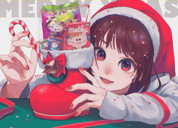 Rule 34 | 1girl, absurdres, bell, boots, brown hair, candy, candy cane, christmas, food, hat, highres, huge filesize, looking at viewer, merry christmas, nail polish, original, red eyes, red footwear, red nails, ritao kamo, santa hat, signature, upper body
