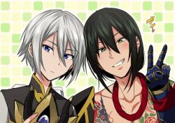 Rule 34 | 2boys, armor, black hair, blue eyes, commentary request, cosplay, fate/grand order, fate (series), flower tattoo, prince of lan ling (fate), gloves, green eyes, grey hair, grin, hair between eyes, heart, ikeshita moyuko, low ponytail, mask, unworn mask, multiple boys, shoulder armor, smile, tattoo, topless male, translated, upper body, v, yan qing (fate)