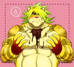 Rule 34 | 1boy, animal ears, bara, belly, black eyes, blonde hair, blush, chocolate, chocolate on body, chocolate on pectorals, colored sclera, ezaki papiko, food on body, furry, furry male, grabbing, green sclera, highres, large pectorals, macan (housamo), male focus, muscular, muscular male, nantaimori, nipples, nude, pectoral focus, pectoral grab, pectoral press, pectorals, grabbing own breast, solo, thick eyebrows, tiger boy, tiger ears, tokyo houkago summoners, upper body, yellow fur