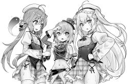 Rule 34 | ..., 3girls, :d, ahoge, arm up, ascot, azur lane, azur lane: slow ahead, bare shoulders, beret, blush, bottle, braid, breasts, closed mouth, comet (azur lane), crescent (azur lane), cross, detached sleeves, frilled skirt, frills, gloves, greyscale, groin, hair between eyes, hair ornament, hand on own hip, hand up, hands up, hat, highres, holding, holding bottle, hori (hori no su), long hair, long sleeves, low twintails, medium breasts, midriff, monochrome, multiple girls, navel, open mouth, plaid, plaid headwear, plaid skirt, pleated skirt, retrofit (azur lane), shared speech bubble, shirt, skirt, sleeveless, sleeveless shirt, small breasts, smile, sparkle, speech bubble, spoken ellipsis, star (symbol), star hair ornament, sweat, thighhighs, tilted headwear, twintails, very long hair, z23 (azur lane), z23 (serious idol @acting manager?!) (azur lane)