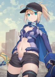 Rule 34 | 1girl, ahoge, artoria pendragon (fate), baseball cap, black hat, black shorts, black thighhighs, blonde hair, blue jacket, blue scarf, breasts, cross (crossryou), dual wielding, excalibur (fate/stay night), excalibur morgan (fate), fate/grand order, fate (series), gloves, glowing, glowing sword, glowing weapon, green eyes, hair through headwear, hat, highres, holding, holding sword, holding weapon, jacket, jacket on shoulders, looking at viewer, micro shorts, mysterious heroine x (fate), mysterious heroine x (third ascension) (fate), navel, open clothes, open fly, open shorts, ponytail, scarf, shorts, small breasts, solo, sword, thighhighs, track jacket, unbuttoned, unzipped, weapon