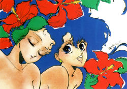 Rule 34 | 2girls, blue eyes, blue hair, earrings, closed eyes, flower, hibiscus, inomata mutsumi, jewelry, long hair, looking at viewer, multiple girls, open mouth, original, parted lips, scan