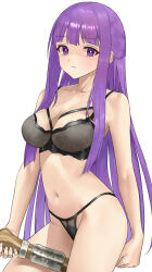 Rule 34 | 1girl, black bra, black panties, blunt bangs, bra, breasts, cleavage, closed mouth, collarbone, commentary request, fern (sousou no frieren), highres, holding, large breasts, long hair, looking at viewer, navel, panties, purple eyes, purple hair, sidelocks, simple background, solo, sousou no frieren, standing, straight hair, underwear, underwear only, white background, yamano rita