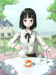 Rule 34 | 1girl, absurdres, chair, collared shirt, cup, day, flower, highres, holding, holding teapot, house, jewelry, necklace, okura lino, original, outdoors, overflowing, shirt, short hair, sitting, sky, solo, sugar cube, table, teacup, teapot, white shirt