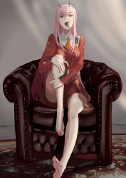 Rule 34 | 1girl, absurdres, armchair, barefoot, candy, chair, darling in the franxx, feet, food, green eyes, highres, lollipop, long hair, looking at viewer, open mouth, pink hair, sitting, soles, toes, zero two (darling in the franxx)
