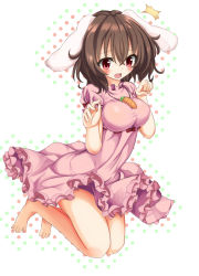 Rule 34 | 1girl, aged up, alternate breast size, barefoot, blush, breasts, brown hair, carrot, covered erect nipples, dress, inaba tewi, jewelry, jumping, large breasts, necktie, open mouth, pendant, pink dress, pink eyes, pink skirt, polka dot, polka dot background, puffy sleeves, short hair, skirt, solo, taut clothes, taut dress, thighs, touhou, unushi