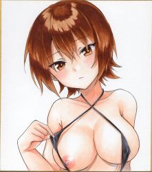 Rule 34 | 1girl, airi (akamichiaika), black one-piece swimsuit, blush, breasts, brown eyes, brown hair, closed mouth, clothes pull, collarbone, girls und panzer, highres, large breasts, looking at viewer, nipples, nishizumi maho, one-piece swimsuit, one-piece swimsuit pull, short hair, simple background, slingshot swimsuit, solo, swimsuit, upper body, white background