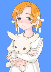 Rule 34 | 1girl, absurdres, banira (oocooocooocoo), blue background, blue eyes, bow, braid, closed mouth, commentary request, dress, eyelashes, frown, girls und panzer, hair bow, half-closed eyes, highres, holding, holding stuffed toy, long sleeves, looking at viewer, nightgown, orange pekoe (girls und panzer), parted bangs, short hair, simple background, solo, standing, stuffed animal, stuffed rabbit, stuffed toy, twin braids, upper body, white bow, white dress
