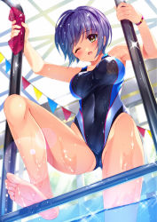 Rule 34 | 1girl, ;o, aomi-chan (bucchake), armpits, bare arms, bare legs, bare shoulders, barefoot, blue hair, blue one-piece swimsuit, blush, bracelet, breasts, breath, brown eyes, bucchake (asami), ceiling, collarbone, competition swimsuit, covered erect nipples, feet, from below, groin, highres, holding, indoors, jewelry, lens flare, looking down, medium breasts, moe2017, one-piece swimsuit, one eye closed, open mouth, original, pennant, pool, pool ladder, purple hair, short hair, skin tight, soles, solo, swim cap, swimsuit, toes, water, water drop, wet