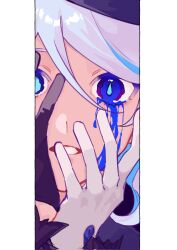 Rule 34 | 16 taiji, 1girl, asymmetrical gloves, black gloves, blue eyes, blue gemstone, blue hair, close-up, commentary request, crying, crying with eyes open, drop-shaped pupils, furina (genshin impact), gem, genshin impact, gloves, hair between eyes, hands on own face, heterochromia, highres, long sleeves, looking at viewer, mismatched gloves, multicolored hair, parted lips, solo, streaked hair, symbol-shaped pupils, tears, teeth, white gloves, white hair