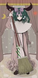 Rule 34 | 1girl, adapted costume, alternate hairstyle, animal ears, bad id, bad twitter id, bow, braid, broom, bug, butterfly, capelet, crescent, curtains, dog ears, dress, full body, green eyes, green hair, hair bow, hair ribbon, indoors, insect, kasodani kyouko, long dress, long sleeves, looking at viewer, matching hair/eyes, oshouyu tabetai, pink bow, pink dress, purple ribbon, ribbon, shoes, side braid, smile, solo, stage, standing, star (symbol), sun, touhou