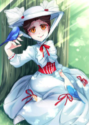Rule 34 | 1girl, bird, brown hair, disney, dress, grass, hat, highres, kokuchuutei, mary poppins, mary poppins (character), orange eyes, short hair, smile, solo, white dress