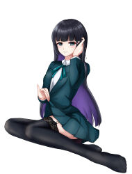 Rule 34 | 1girl, absurdres, adjusting hair, black hair, black thighhighs, blazer, blunt bangs, blunt ends, bocchi the rock!, chin piercing, closed mouth, clothes lift, collared shirt, colored inner hair, full body, garter straps, green jacket, green ribbon, grey eyes, gude (ynze5527), highres, hime cut, jacket, lace, lace-trimmed legwear, lace-trimmed thighhighs, lace trim, long hair, long sleeves, miniskirt, multicolored hair, pa-san, pleated skirt, purple hair, ribbon, school uniform, shirt, sideways glance, simple background, sitting, skirt, skirt lift, smile, solo, thighhighs, very long hair, white background, white shirt, yokozuwari, zettai ryouiki