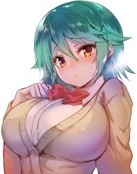 Rule 34 | 1girl, blush, bow, bowtie, breasts, cardigan, collared shirt, gakkou de seishun!, green hair, hair ornament, hairclip, highres, large breasts, looking at viewer, medium hair, nagamori chisa, parted lips, red bow, red bowtie, sanshoku amido, shirt, simple background, solo, upper body, white background, white shirt, wing collar, x hair ornament, yellow cardigan, yellow eyes