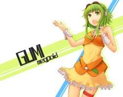Rule 34 | 1girl, bad id, bad pixiv id, goggles, goggles on head, green eyes, green hair, gumi, hand on another&#039;s chest, hand on own chest, headphones, headset, kokotetsu, matching hair/eyes, music, open mouth, short hair, singing, skirt, smile, solo, thigh strap, vocaloid, wrist cuffs