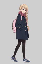 Rule 34 | 1girl, :d, backpack, bag, black coat, black pantyhose, blonde hair, blue footwear, blush, braid, coat, from side, full body, green eyes, grey background, hair over shoulder, hair tie, hand in pocket, highres, long hair, long sleeves, looking at viewer, looking to the side, open clothes, open coat, open mouth, original, pantyhose, plaid, plaid scarf, purple scarf, scarf, shoes, simple background, single braid, smile, sneakers, solo, tareme, walking, yahiro (epicopeiidae)