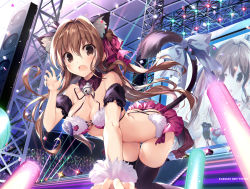 Rule 34 | 1girl, :o, animal ear fluff, animal ears, bare shoulders, bell, bent over, black thighhighs, blue bow, bow, breasts, brown eyes, brown hair, cat ears, cat girl, cat tail, cleavage, commentary request, detached collar, detached sleeves, floating hair, glowstick, hand up, idol, jingle bell, karory, long hair, looking at viewer, medium breasts, open mouth, original, pink bow, revealing clothes, solo, stage, stage lights, stomach, tail, tail bow, tail ornament, thighhighs, thighs